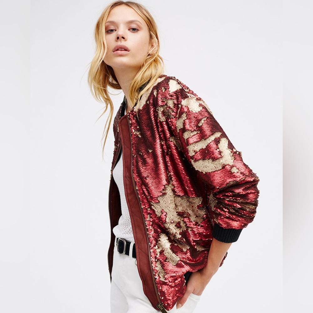 Free People Sequin Bomber Jacket Coat Reversible Colour Size Small Red Ivory